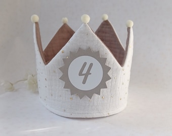 Birthday crown, birthday child fabric crown, birthday party crown, with name, pompoms / color: white-gold/taupe