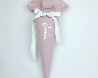 Daycare cone, candy cone, kindergarten cone, school cone made of muslin / light mauve / - 35/70 cm