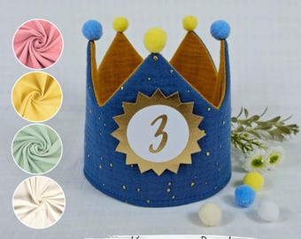 Birthday crown, crown birthday, fabric crown muslin with name, crown for birthday child with pompoms, color: blue/stars gold with ribbons