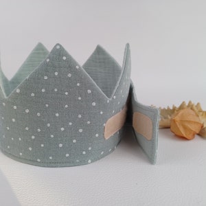 Corona di compleanno, corona per festa di compleanno, bambino festeggiato, mussola, colore: grigio mentolo, pois bianco/grigio mentolo