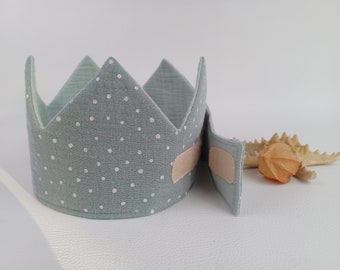 Couronne d'anniversaire, couronne de fête d'anniversaire, anniversaire enfant, couronne en mousseline avec fermeture velcro, couleur : gris menthol, pois blanc/gris menthol