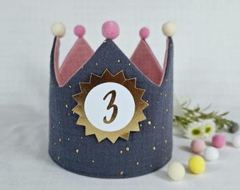 Birthday crown, fabric crown muslin with name, crown for birthday child with pompoms, color: grey/gold stars