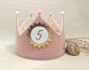Birthday crown, fabric crown for the birthday child with name, color: powder pink/milky white/gold. Stars