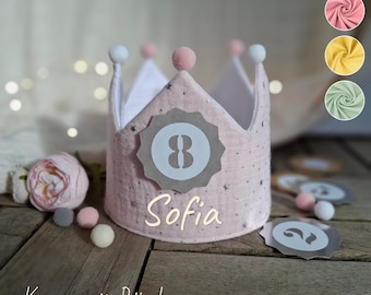 Birthday crown, fabric crown muslin with name, crown for birthday child with pompoms, powder pink with ribbons