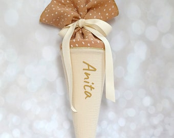 Daycare cone, school cone, candy cone, kindergarten cone made of muslin / cream/caramel - 35/70 cm