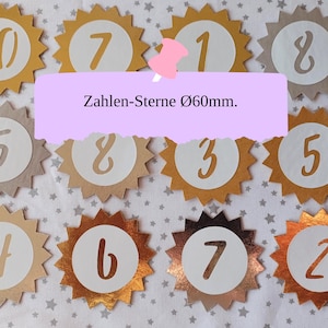 Könnte beinhalten: Eine Sammlung sternförmiger Zahlen-Ausschnitte, jede mit einer anderen Zahl von 1 bis 10. Die Zahlen sind in verschiedenen Farben gehalten, darunter Gold, Silber und Kupfer. Der Text "Zahlen-Sterne Ø60mm" ist ebenfalls vorhanden.