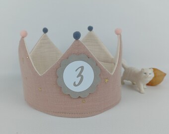 Birthday crown with Velcro fastener, fabric crown for birthday child with name, color: light terracotta / gold stars / milk white