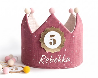 Personalized muslin birthday crown – crown with name – birthday – children's crown with ribbons or Velcro closure / pink