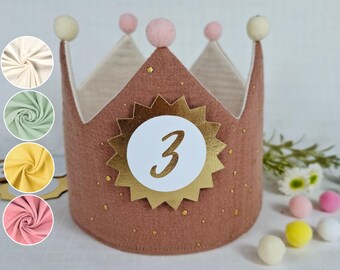 Birthday crown, fabric crown muslin with name, crown for birthday child with pompoms, color: terracotta/star gold