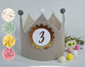 Birthday crown, fabric crown muslin with name, crown for birthday child with pompoms, color: light gray/gold stars with ribbons