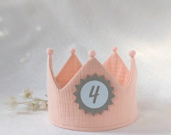 Birthday crown, birthday crown, birthday child fabric crown, Birthday Party Crown, with name, pompoms / Color: light pink / light salmon