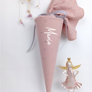 Cartable, sac de garderie, sac à sucre, sac de maternelle, cartable en mousseline / vieux rose / étoiles argentées - 35/70 cm