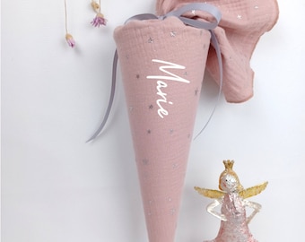 School cone, daycare cone, candy cone, kindergarten cone, school cone made of muslin, Dusty Rose / silver stars - 35/70 cm
