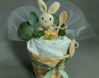 Diaper cake, baby bunny rattle, birth gift, baby shower, diaper cake neutral, mini diaper cakes