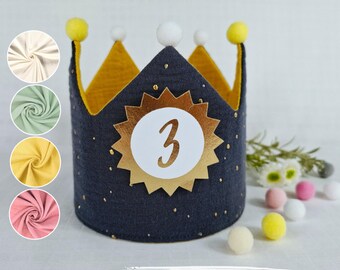 Birthday crown, fabric crown muslin with name, crown for birthday child with pompoms, color: dark gray/gold stars with ribbons