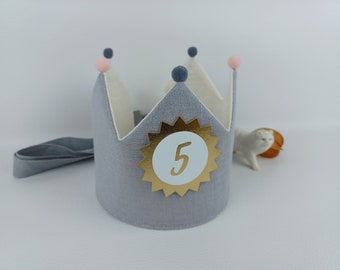 Crown for birthday, birthday crown, fabric crown muslin, child, pompoms, with name, color: light gray with glitter / white