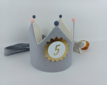 Crown for birthday, birthday crown, fabric crown muslin, child, pompoms, with name, light grey with glitter/white with ribbons