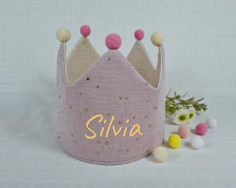 Birthday crown, fabric crown muslin with name, crown for birthday child with pompoms, color: menthol/star gold