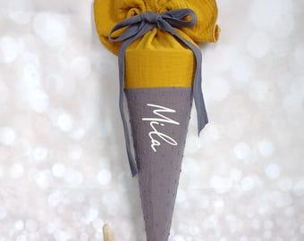 Kitatüte, Schultüte, Zuckertüte, Kindergartentüte made of muslin / mustard/grey - 35/70 cm