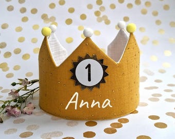 Muslin birthday crown – crown with name, birthday, christening gift, children's crown with ribbons or Velcro closure / mustard yellow