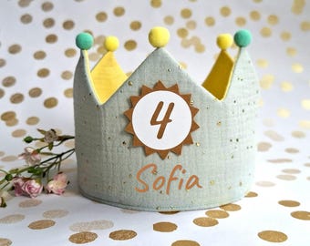 Personalized muslin birthday crown – crown with name – birthday, children's crown with ribbons or Velcro closure / light menthol