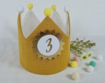 Birthday crown, fabric crown muslin with name, crown for birthday child with pompoms, color: mustard yellow/gold stars