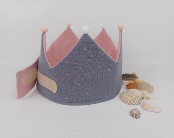 Birthday crown, fabric crown muslin, crown for birthday child, color: gray / old pink / golden dots