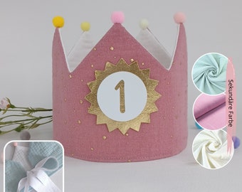 Birthday crown, birthday party crown, birthday child, fabric crown muslin, birthday crown with pompoms, with name / gray