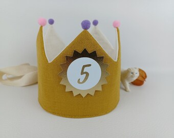 Birthday crown, fabric crown muslin, crown for child's birthday, pompoms, with name, color: mustard yellow with glitter / white