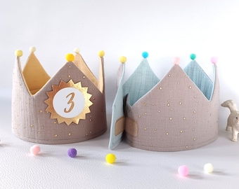 Birthday crown with Velcro fastener, fabric crown muslin, birthday party crown, crown for child's birthday, pompoms, with name, crown