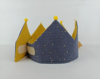 Birthday crown made of muslin, crown for birthday child, color: dark gray / mustard yellow / golden dots