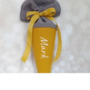 Sac Kita, cartable, sac à sucre, sac de maternelle en mousseline / gris/moutarde - 35/70 cm