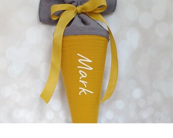 Daycare cone, school cone, candy cone, kindergarten cone made of muslin / grey/mustard - 35/70 cm