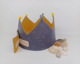 Birthday crown, fabric crown muslin, birthday child, color: anthracite gray / mustard yellow / golden dots