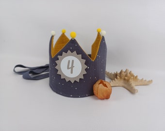 Birthday crown, crown birthday child, with name, with pompoms, Birthday Party Crown, dark grey/ silver /mustard yellow with ribbons