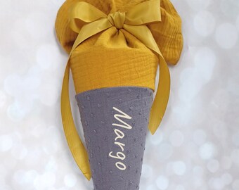Daycare cone, school cone, candy cone, kindergarten cone made of muslin / grey/mustard - 35/70 cm