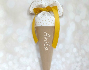 Daycare cone, school cone, candy cone, kindergarten cone made of muslin / taupe/white - 35/70 cm