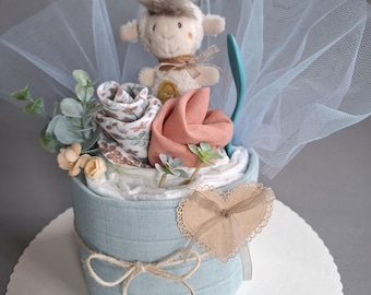 Diaper cake with muslin cloth, neutral, burp cloth, gift for birth / baby shower, mini diaper cake, baby rattle in sheep design