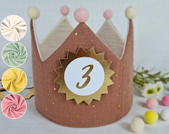Birthday crown, crown birthday, fabric crown muslin with name, crown for birthday child, color: terracotta/star gold with ribbons