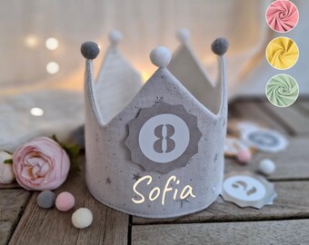 Birthday crown, Birthday Party Crown, fabric crown muslin with name, crown for birthday child, color: light gray-blue/stars with ribbons