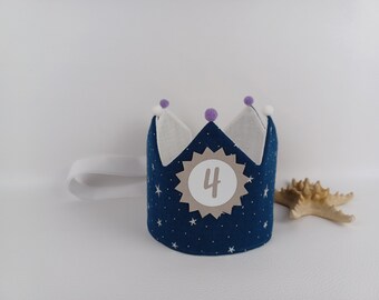 Birthday crown, birthday crown muslin, birthday child with pompoms, with name. Navy blue/ white/ silver stars with ribbons
