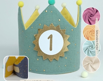 Couronne d'anniversaire avec fermeture velcro, couronne en tissu mousseline, couronne de fête d'anniversaire, couronne pour anniversaire d'enfant, pompons, avec nom, couronne