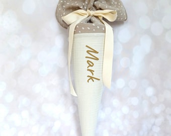 Daycare cone, school cone, candy cone, kindergarten cone made of muslin / taupe/cream - 35/70 cm