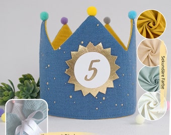 Birthday crown, Birthday Party Crown, Birthday child, fabric crown muslin, birthday crown with pompoms, grey/birthday crown, with ribbons