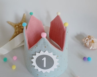 Birthday crown personalized with name, birthday crown, fabric crown muslin pompoms, light mint/old pink with ribbons