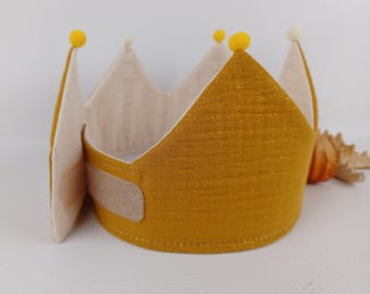 Birthday crown, birthday crown fabric crown muslin, birthday child, color: mustard with glitter / beige