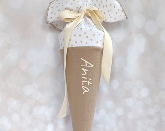 Daycare cone, school cone, candy cone, kindergarten cone made of muslin / taupe/white - 35/70 cm