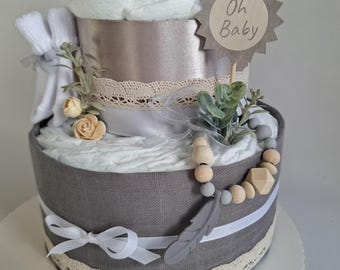 Diaper cake with muslin cloth, neutral, baby socks, terry cloth burp cloth, gift for birth / baby shower / diaper cake