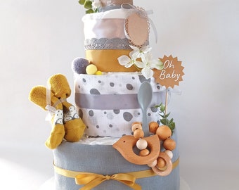 Diaper cake, diaper cake with muslin cloth, baby socks, baby rattle, terry cloth burp cloth, diaper cake unisex, gift for birth / baby shower