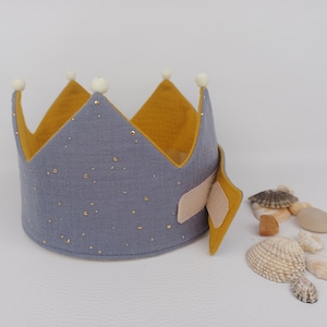 Birthday crown, birthday crown fabric crown muslin, crown with Velcro fastener, birthday child, color: gray / mustard yellow / golden dots